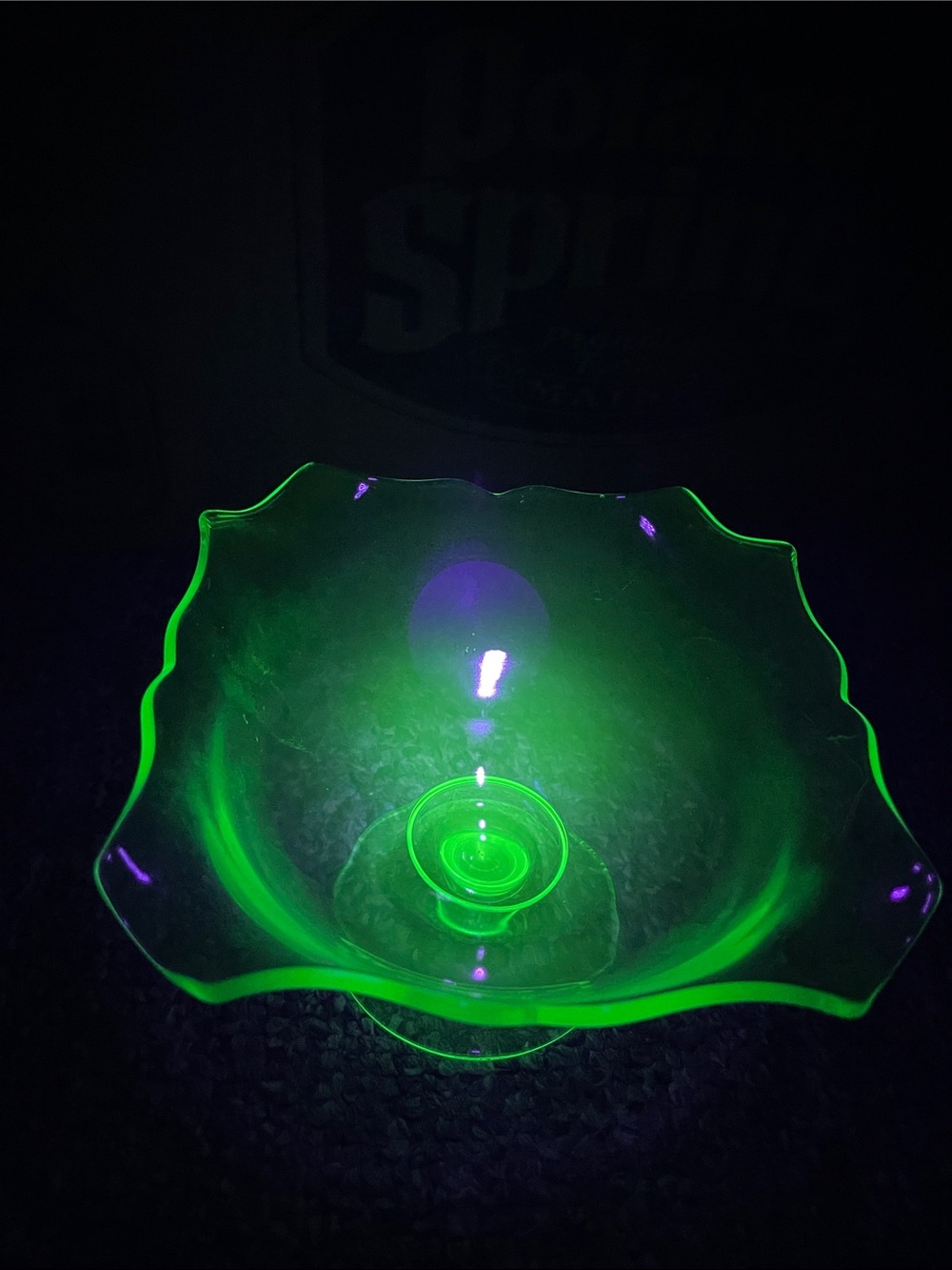 Uranium Green Compote 7.5” W Vintage Glass UV Reactive Glow Excellent Condition